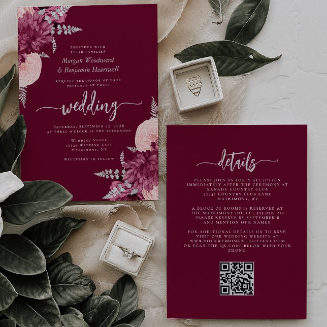 Invitación Borgoña Rubor Silver Floral QR Boda de código (Subido por el creador)