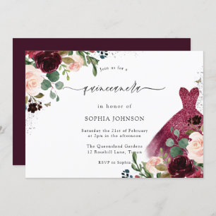 Invitación Borgoña Rubor Watercolor Floral Vestido Quinceaner