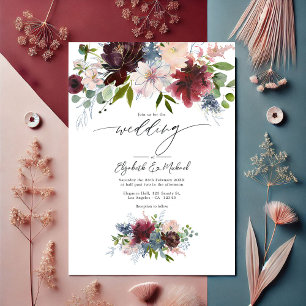 Invitación Borgoña, Rubor y el Boda floral azul turbulento