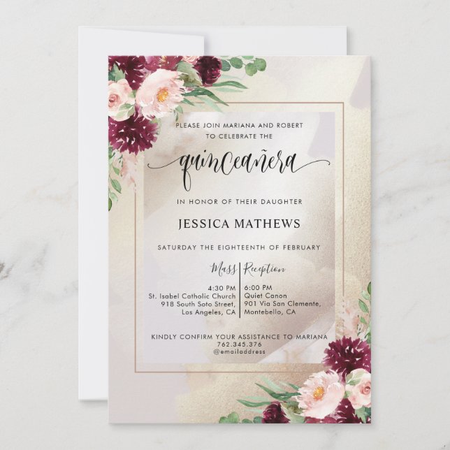 Invitación Borgoña, Rubor y la floral de champán Quinceañera (Anverso)