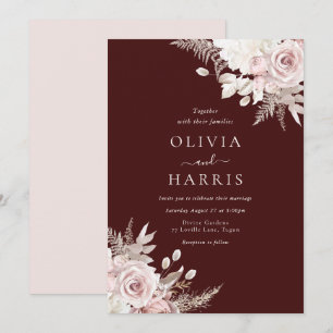 Invitación Borgoña Rubor y marfil elegante Boda floral