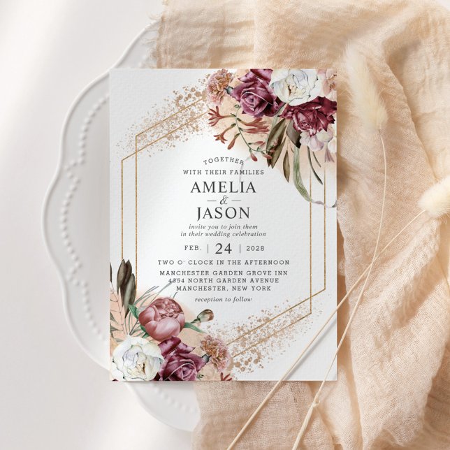 Invitación Borgoña, Rubor y Rosa Gold Elegant Boho Invitatio (Subido por el creador)
