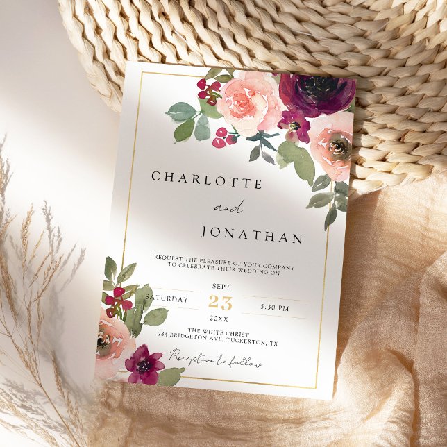 Invitación Borgoña Rústica Floral Greenery Boho Boda (Subido por el creador)