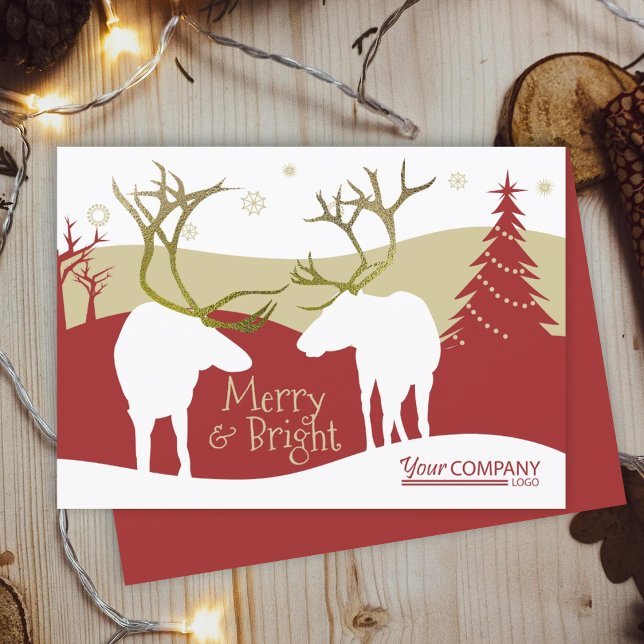 Invitación Borgoña rústica, Navidades de renos pekineses (rustic burgundy beige reindeer gold antlers company business holiday christmas xmas greeting cards)