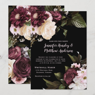 Invitación Borgona Rústica, Rosa Pálido, Boda Floral Blanca