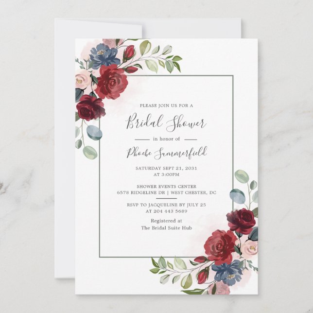 Invitación Borgoña Script Floral Eucalyptus Bridal Shower (Anverso)