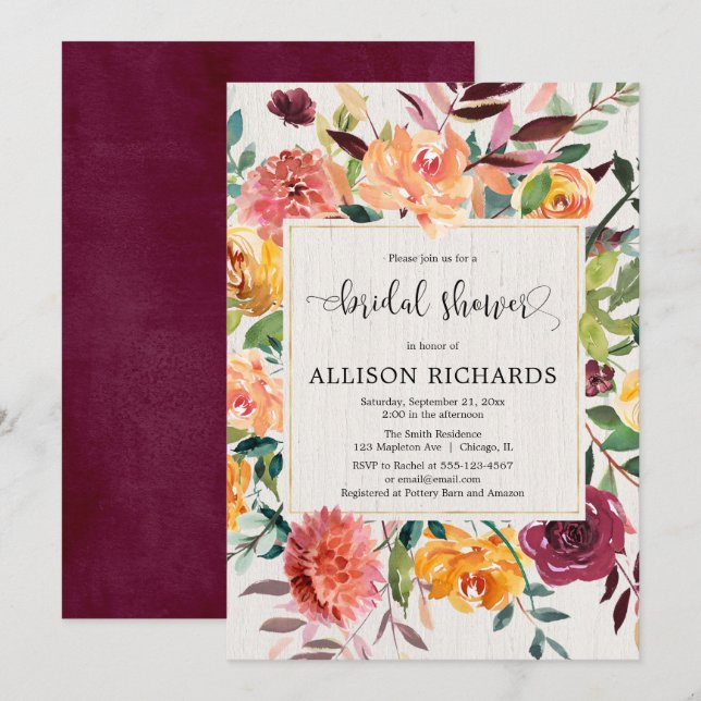 Invitación Borgoña se ruboriza ducha nupcial elegante floral (Anverso / Reverso)