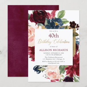 Invitación Borgoña se ruboriza fiesta de cumpleaños floral