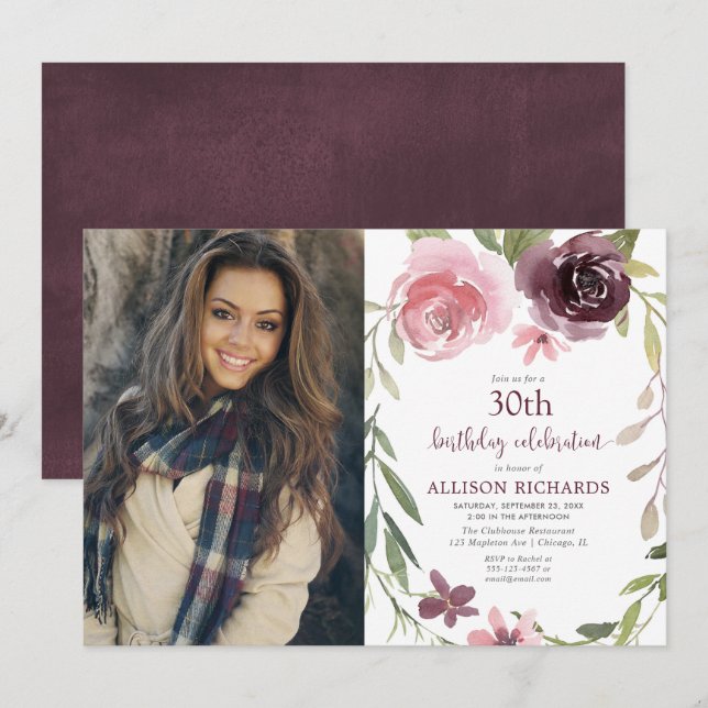Invitación Borgoña se ruboriza floral cualquier foto adulta (Anverso / Reverso)