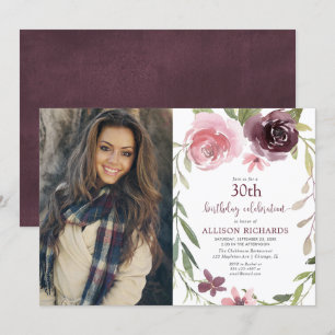 Invitación Borgoña se ruboriza floral cualquier foto adulta