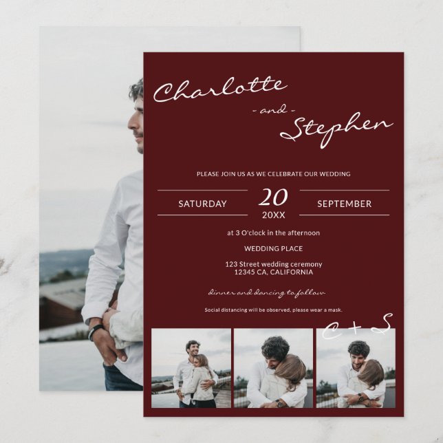 Invitación Borgoña simples iniciales casuales 4 bodas de foto (Anverso / Reverso)