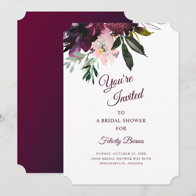 Invitación Borgoña Splendor Boho Floral Bridal Shower (Anverso / Reverso)