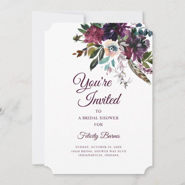 Invitación Borgoña Splendor Boho Floral Bridal Shower (Anverso)