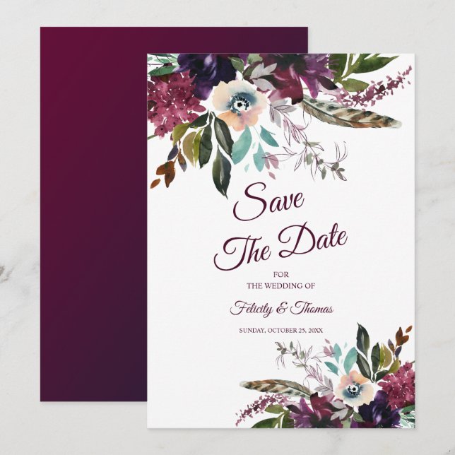 Invitación Borgoña Splendor Floral White Ahorra La Fecha (Anverso / Reverso)