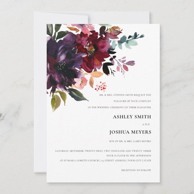 Invitación Borgoña Splendor Watercolor Floral Boda (Anverso)