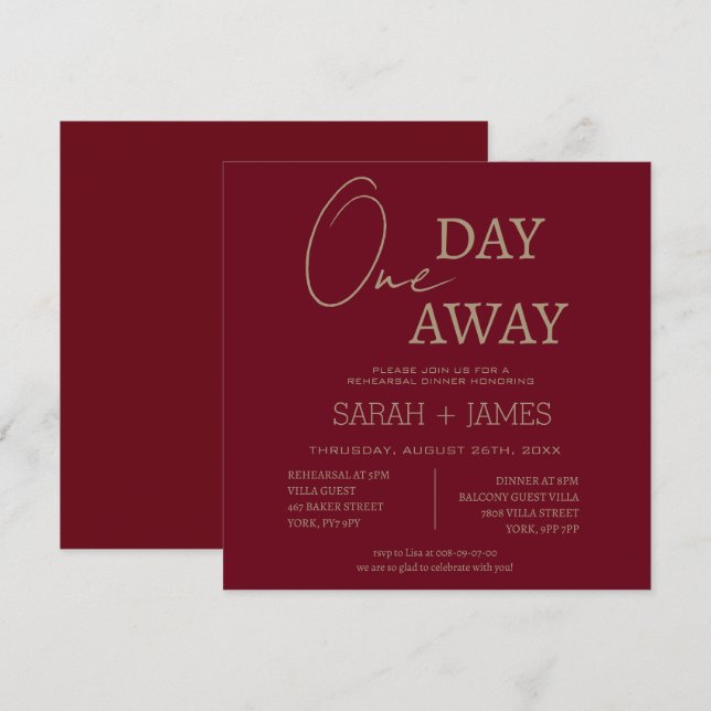 Invitación Borgoña Un día antes Boda de la cena de ensayo (Anverso / Reverso)