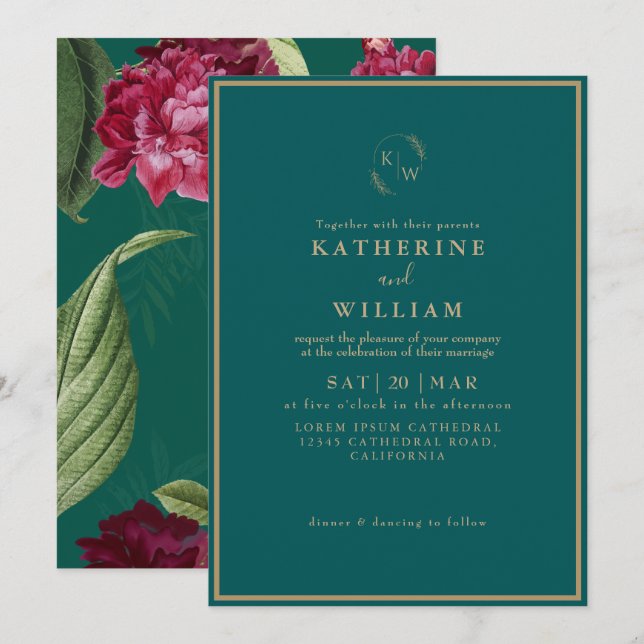 Invitación Borgoña verde esmeralda Rosa  Boda floral (Anverso / Reverso)