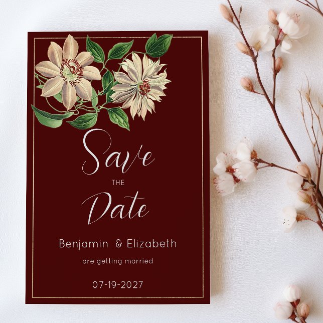 Invitación Borgoña verde floral botánico Salvar la fecha (Burgundy white green floral botanic Save the Date)