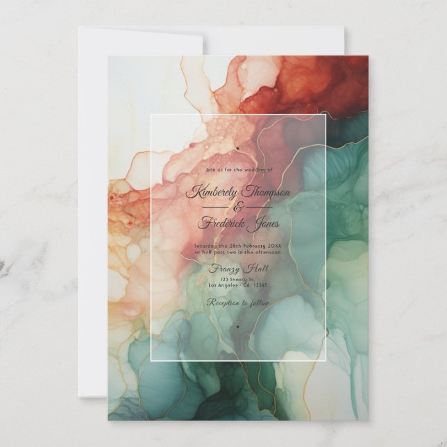 Invitación Borgoña, verde forestal y Boda de tinta de carbón  (Anverso)