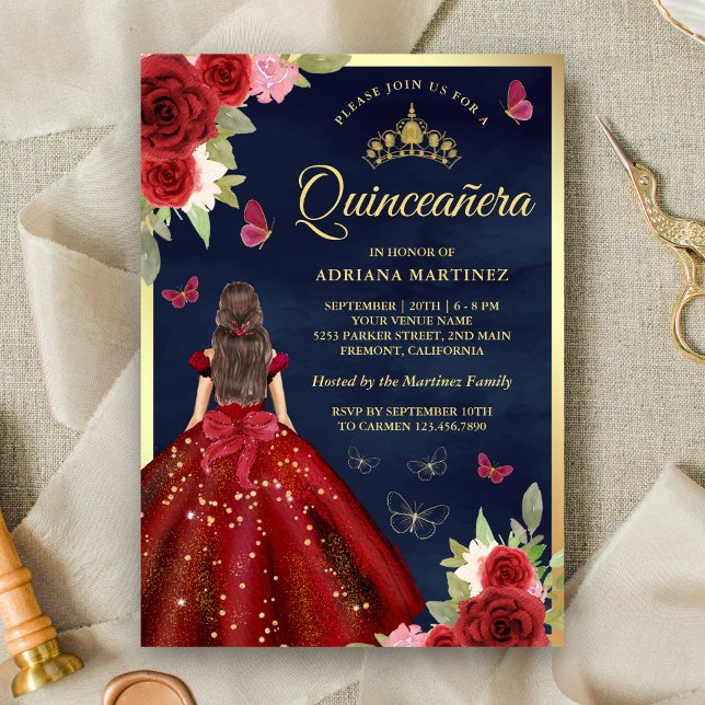 Invitación Borgoña Vestido floral Mariposa Marina Quinceanera (Subido por el creador)