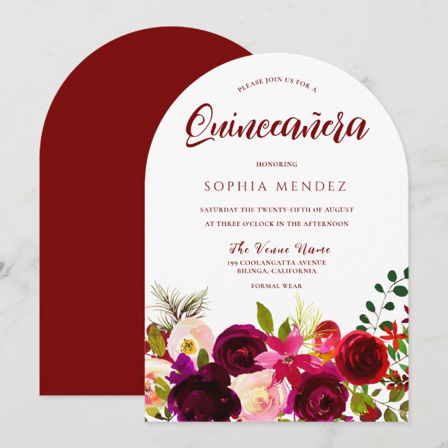Invitación Borgoña Vino Rojo Boho Floral Quinceanera (Anverso / Reverso)