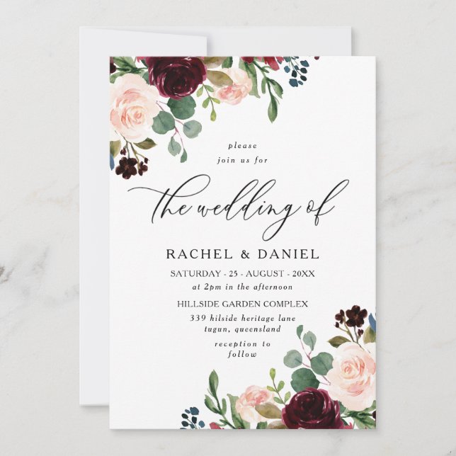 Invitación Borgoña Vino Rojo y Boda moderno Rubor (Anverso)