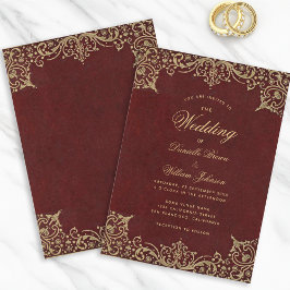 Invitación Borgoña Vintage Gold Calligraphy Elegante Boda