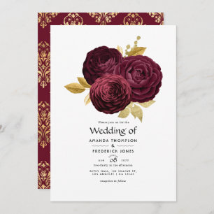 Invitación Borgoña vintage y Boda floral de oro