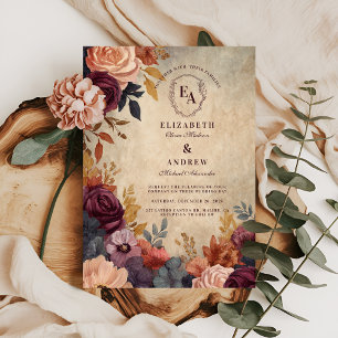 Invitación Borgoña vintage y Boda floral de oro