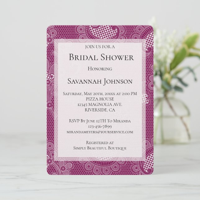 Invitación Borgoña Wine White Lace Floral Bridal Shower (Anverso de pie)