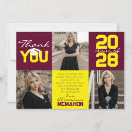 Invitación Borgoña y amarillo 3 foto graduada Gracias