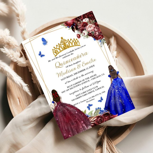Invitación Borgoña y azul mariposa real gemela Quinceanera (Subido por el creador)
