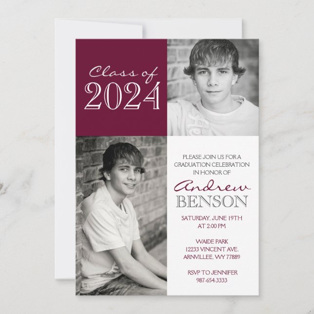 Invitación Borgoña y blanco 2 Graduación fotográfica (Anverso)