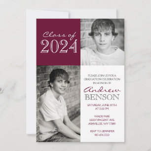 Invitación Borgoña y blanco 2 Graduación fotográfica