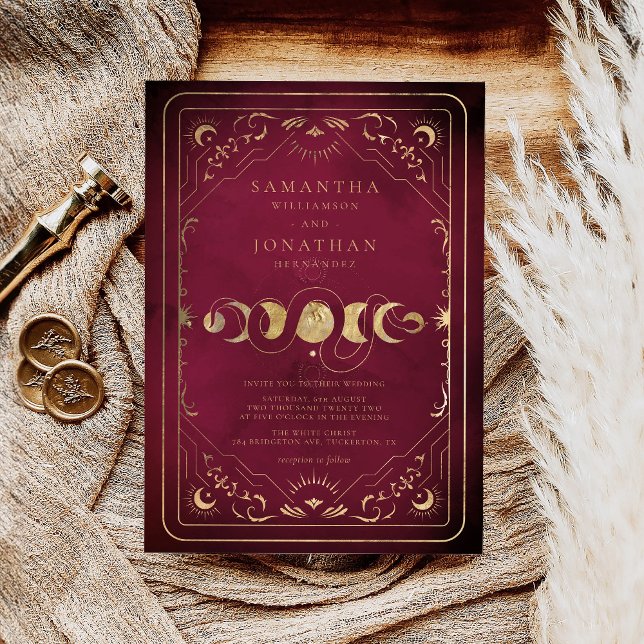 Invitación Borgoña y Boda celeste de faux Gold Tarot (Subido por el creador)