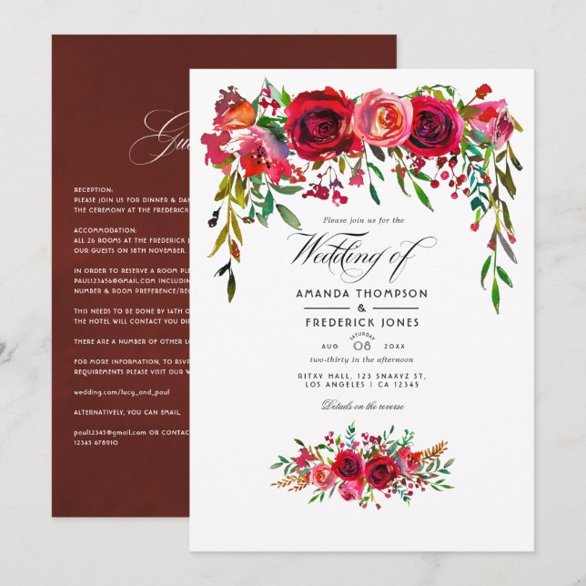 Invitación Borgoña y Boda de acuarela de Rubor (Anverso / Reverso)