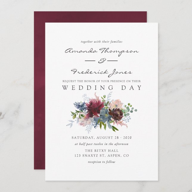 Invitación Borgoña y Boda de acuarela floral de la Marina (Anverso / Reverso)