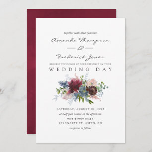 Invitación Borgoña y Boda de acuarela floral de la Marina