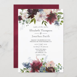 Invitación Borgoña y Boda de acuarela floral de la Marina