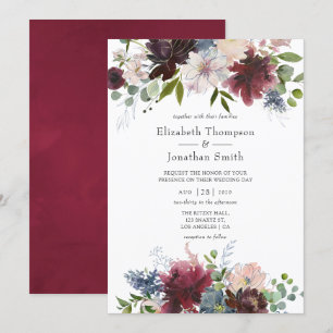 Invitación Borgoña y Boda de acuarela floral de la Marina