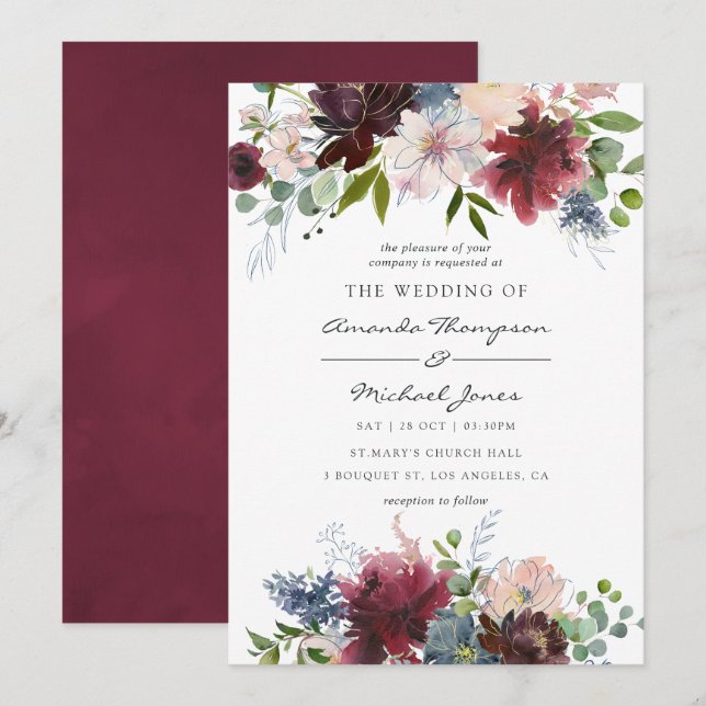 Invitación Borgoña y Boda de acuarela floral de la Marina (Anverso / Reverso)