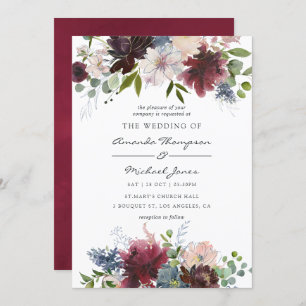 Invitación Borgoña y Boda de acuarela floral de la Marina