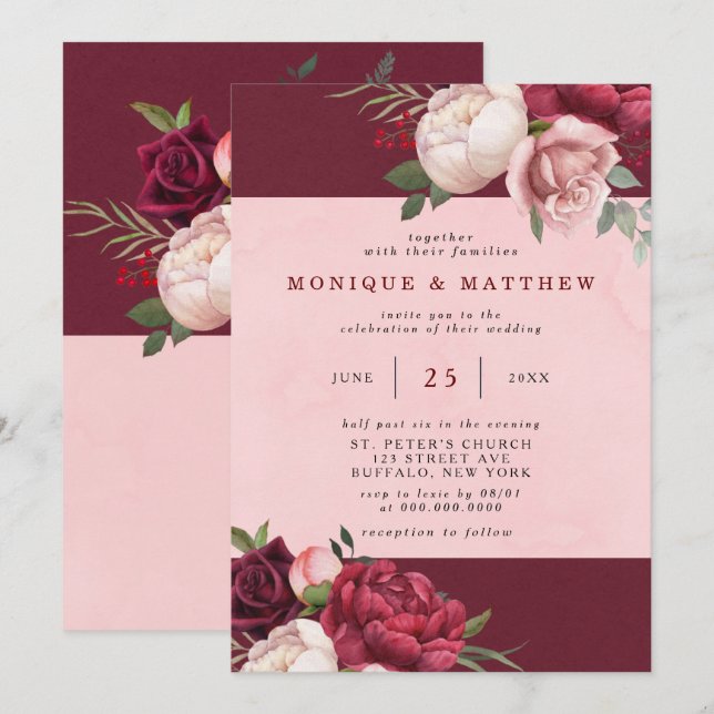 Invitación Borgoña y Boda de Bouquet Peony Rosa de Rubor (Anverso / Reverso)