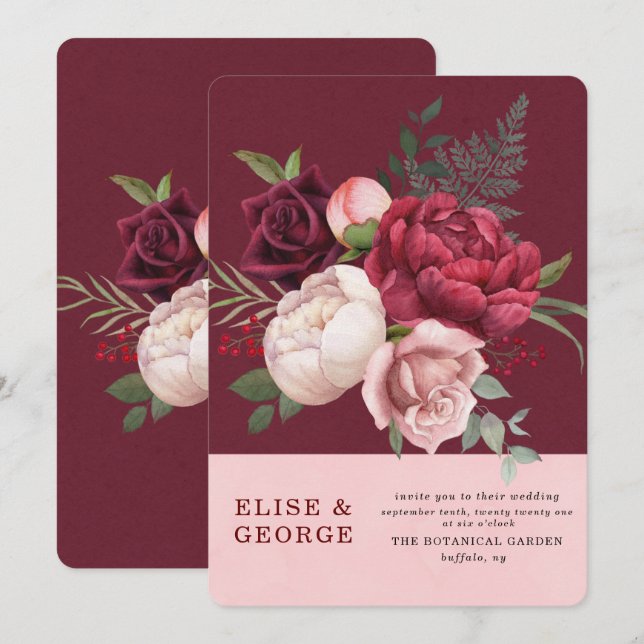 Invitación Borgoña y Boda de Bouquet Peony Rosa de Rubor (Anverso / Reverso)