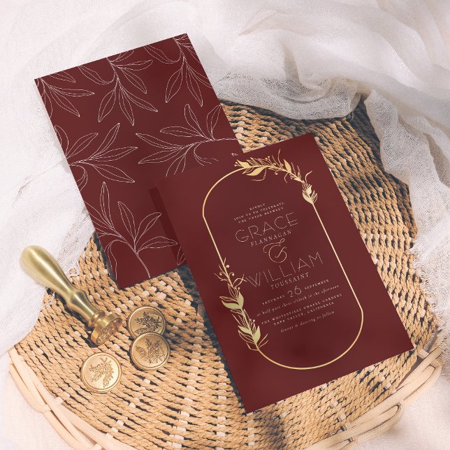 Invitación Borgoña y Boda de marco botánico elegante de oro (Subido por el creador)