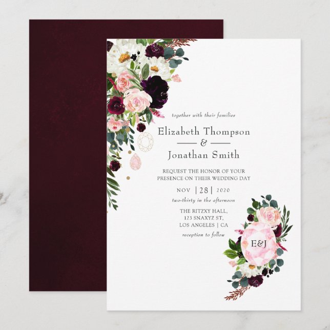 Invitación Borgoña y Boda de monograma de diamantes rosados d (Anverso / Reverso)