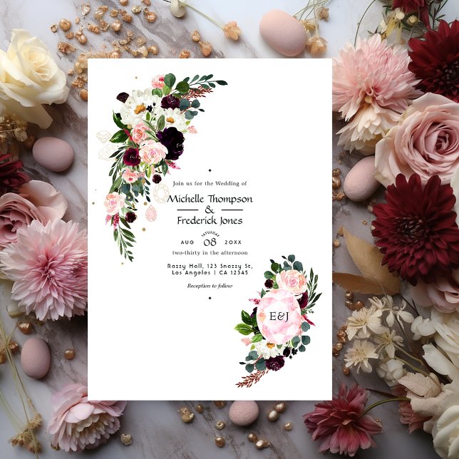 Invitación Borgoña y Boda de monograma de diamantes rosados d (Subido por el creador)