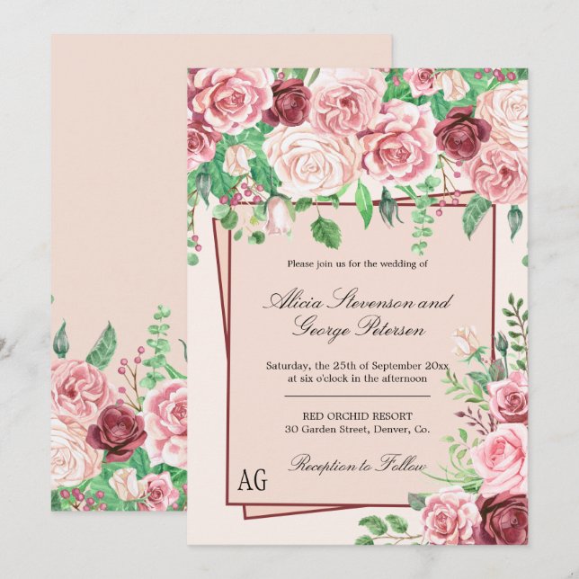 Invitación Borgoña y Boda de monograma de rosas rosadas de Ru (Anverso / Reverso)