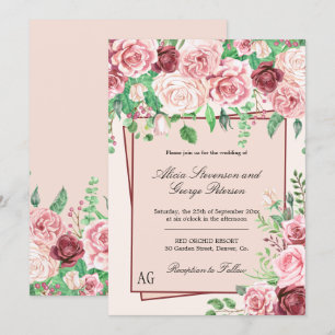 Invitación Borgoña y Boda de monograma de rosas rosadas de Ru