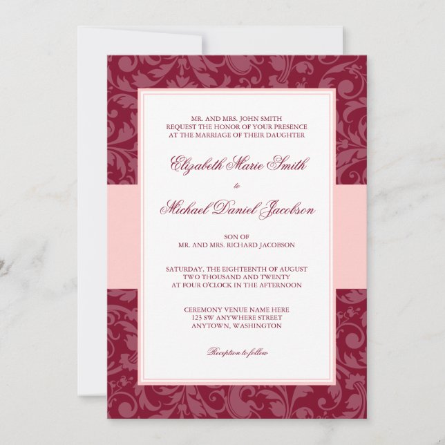 Invitación Borgoña y Boda de Swirl Rosado Damask de Rubor (Anverso)
